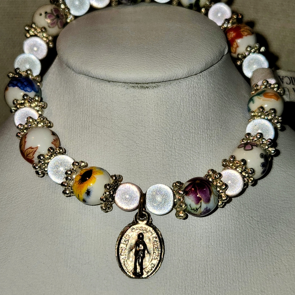 Floral Ceramic Beaded Bracelet with Silver Accents And Mother Mary